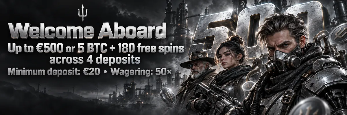 Three armoured adventurers stand against a smoky industrial skyline beside a welcome offer of up to €500 or 5 BTC plus 180 free spins across 4 deposits.